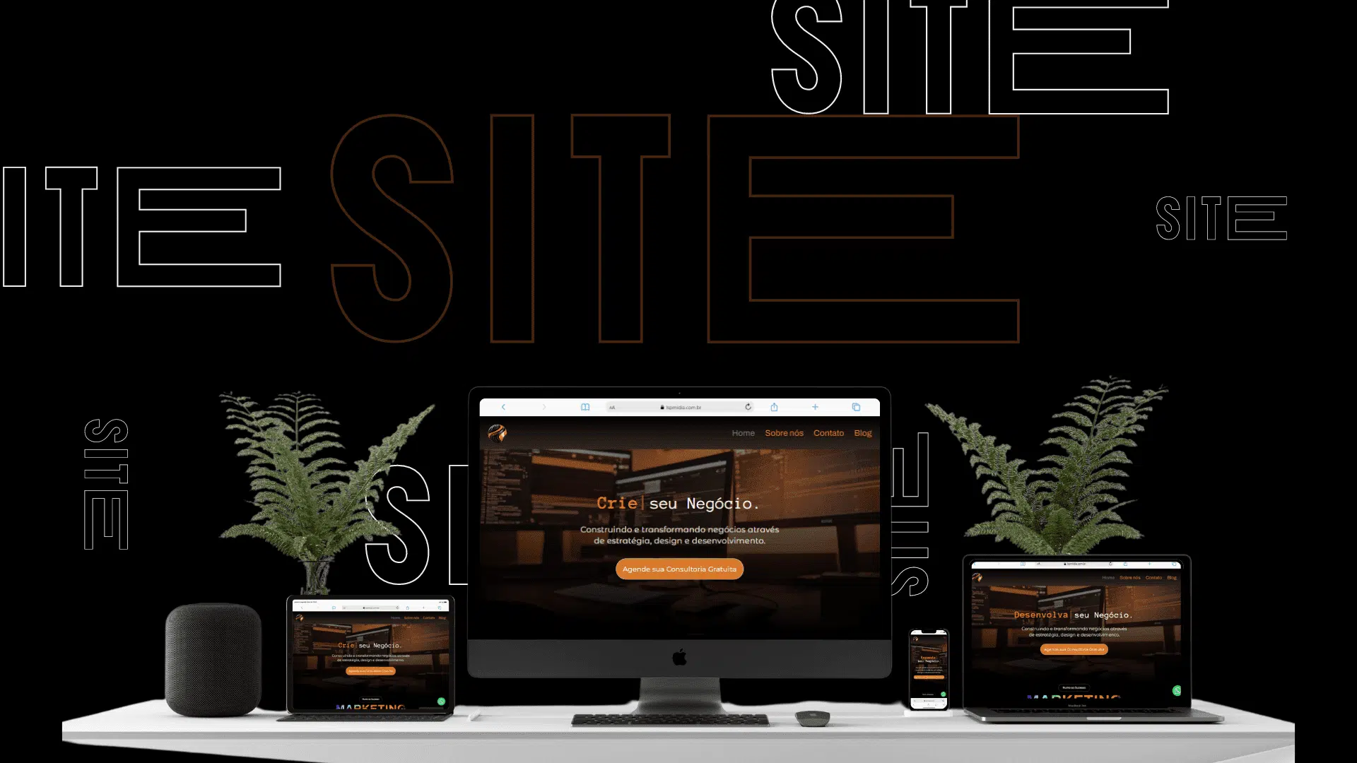 Site para negocios Guia completo para o sucesso LSP Midia. Mesa branca, com um computador, dois tablets e um celular com a imagem da home do site da LSP Midia vísivel em todas as telas