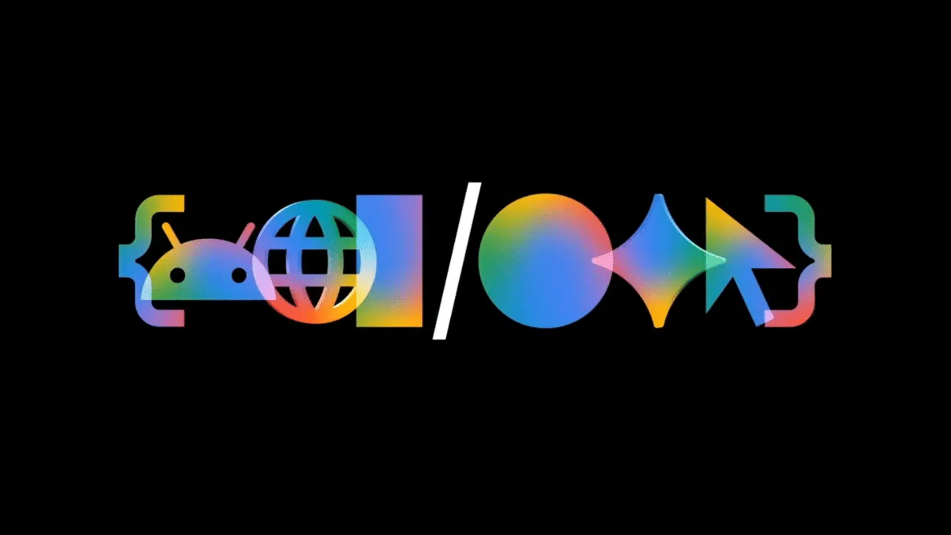 Logotipo oficial do Google I/O em gradiente iridescente colorido sobre fundo preto. Os símbolos dentro de chaves '{ }' incluem o robô do Android, um globo, a centelha (sparkle) da IA do Gemini e um cursor de mouse, ilustrando o ecossistema integrado que decretou o fim do SEO convencional.