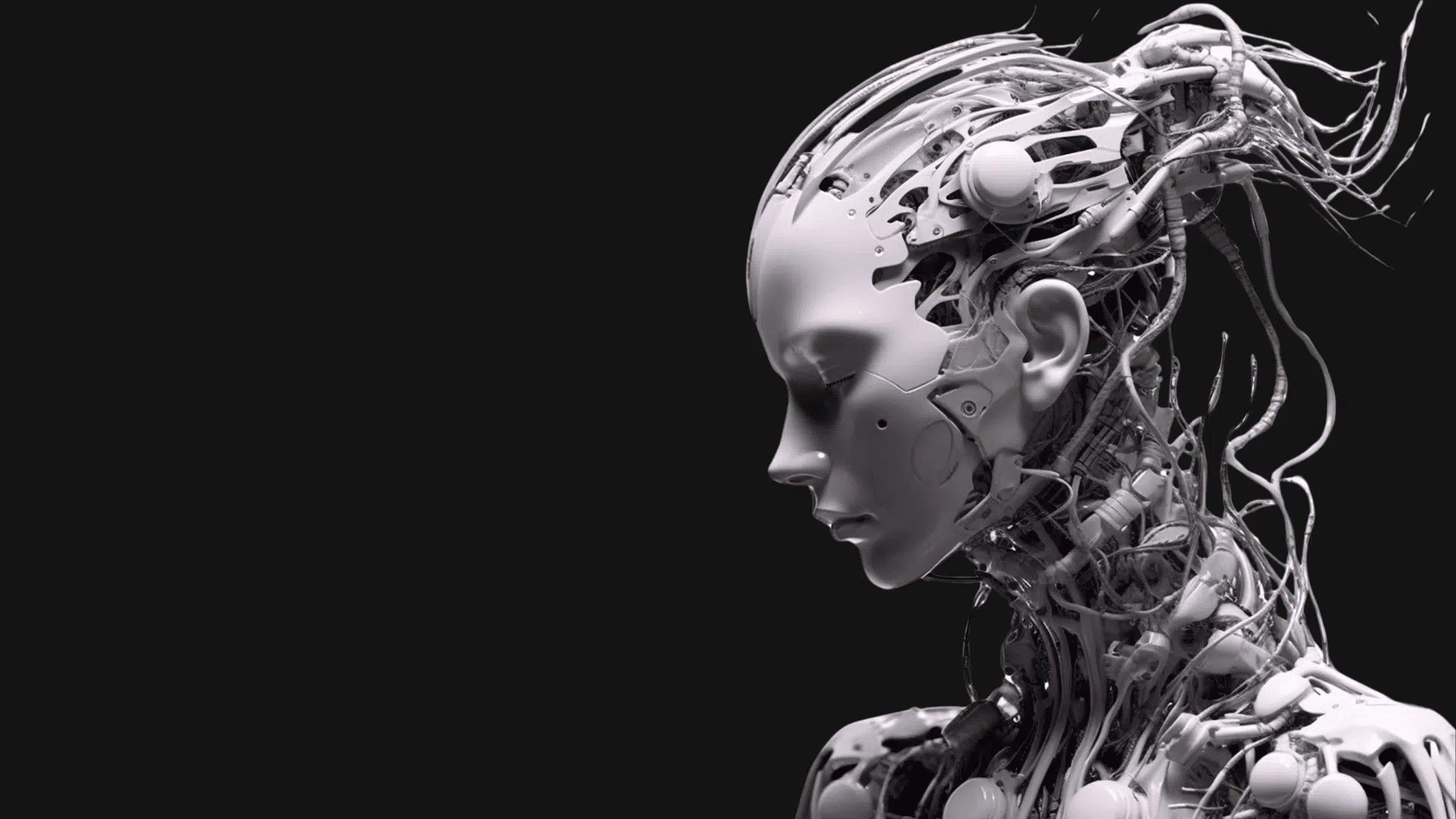Renderização 3D de alta tecnologia em perfil de um humanoide cibernético branco contra um fundo preto puro. A imagem foca nos detalhes complexos e intrincados de fiação, cabos e componentes mecânicos que formam a estrutura interna da cabeça e do pescoço, visíveis sob placas parciais. A figura tem características femininas elegantes e está olhando para baixo com uma expressão séria e introspectiva.