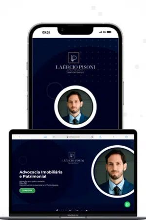 Mockup de site jurídico do advogado Laércio Pisoni exibido em um iPhone e um MacBook. Design institucional em tons de azul marinho com foco em Advocacia Imobiliária e Patrimonial, otimizado pela LSP Mídia.