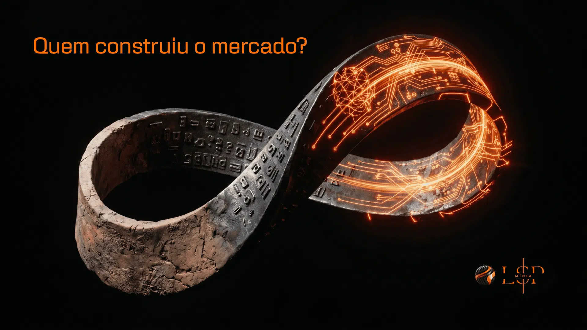 Representação visual dos ciclos tecnológicos: uma fita de Möbius transitando da escrita cuneiforme aos dados digitais da Inteligência Artificial. Conceito da LSP Mídia, agência de Brasília, ilustrando como toda tecnologia complexa retorna ao controle do comportamento humano.