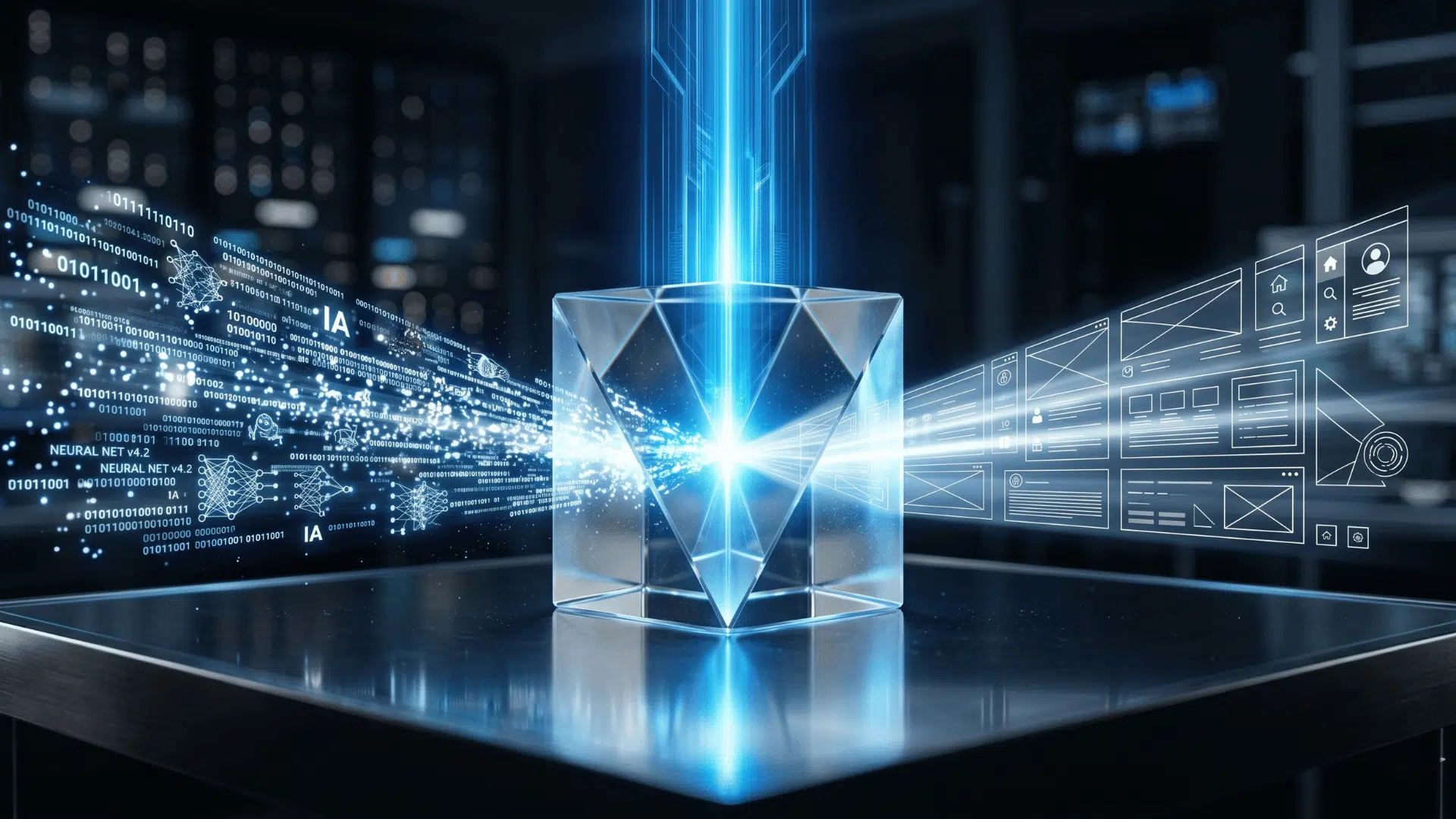 Renderização 3D de uma planta arquitetônica holográfica brilhando sobre uma superfície escura, fundindo circuitos de dados de IA com o design limpo de uma interface de usuário.