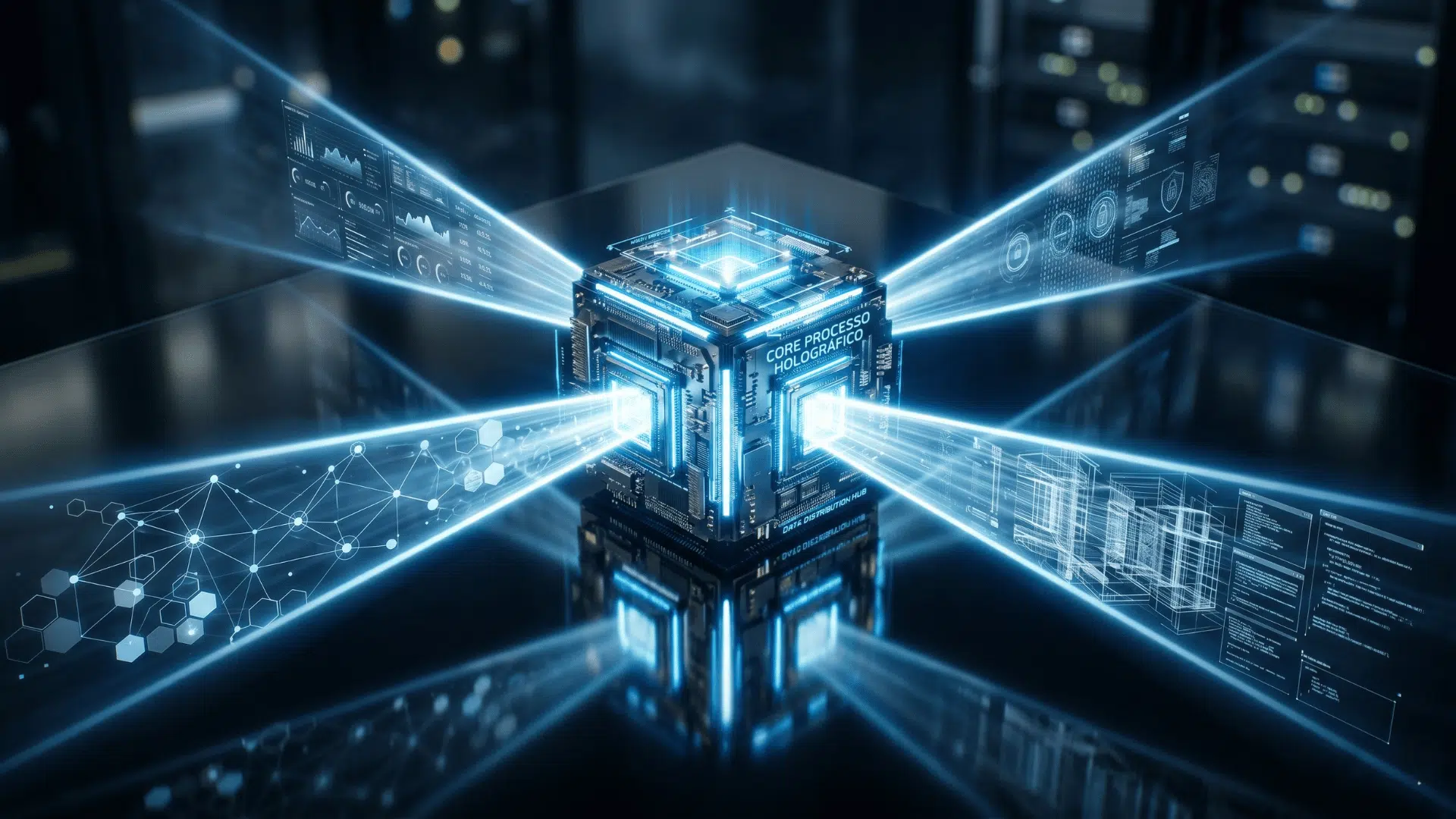 Núcleo de processamento holográfico estruturado sobre mesa de vidro escuro, projetando quatro feixes de luz distintos com padrões digitais únicos em diferentes direções.