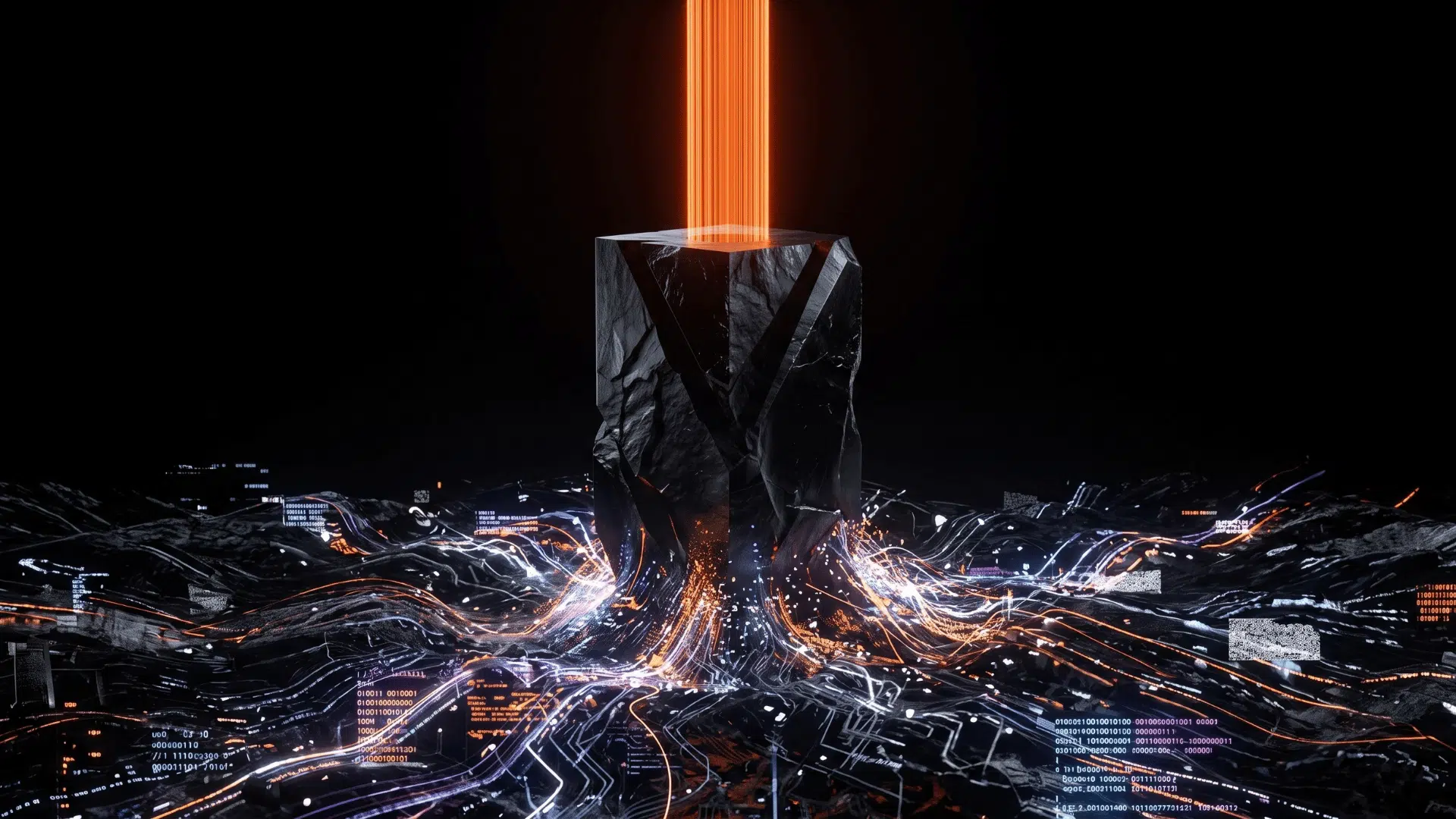 Imagem conceitual de um monolito geométrico estruturando dados caóticos, representando a convergência entre UX e IA no artigo 'Governança em Arquitetura da Informação', tese acadêmica e corporativa assinada pela especialista da LSP Mídia.