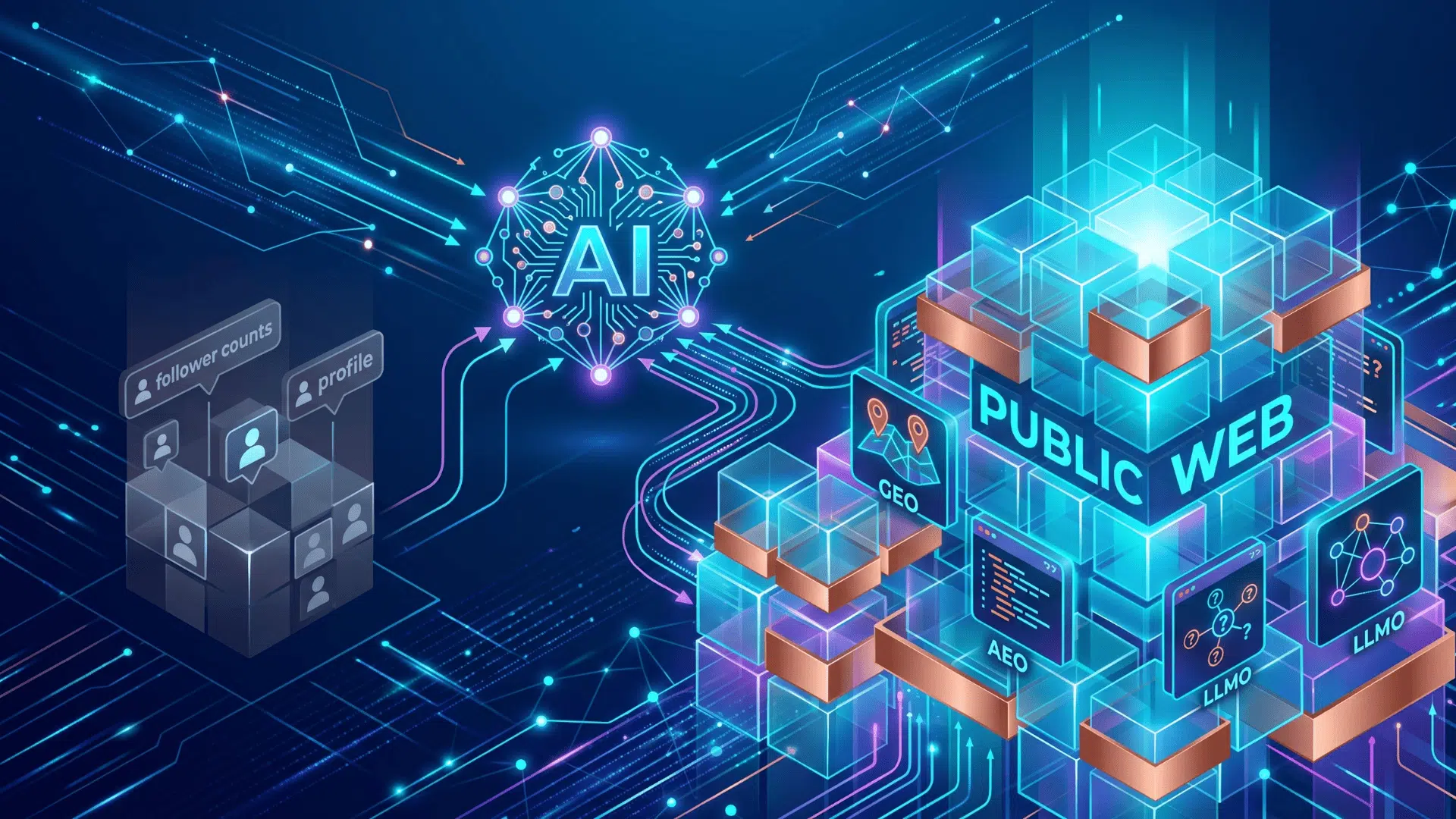 Engenharia de dados LSP Mídia para otimização de empresas de Brasília (DF) na Meta AI. Esta imagem demonstra a metodologia tática GEO, AEO e LLMO aplicada ao modelo Muse Spark. Ela contrasta a irrelevância de métricas de vaidade (como os 'FOLLOWER COUNTS' no Instagram ignorados à esquerda) com a estrutura prioritária 'WEB PÚBLICA E SCHEMA TÉCNICO' (à direita). A imagem exibe dados técnicos otimizados específicos para Brasília, DF, incluindo: GEO (mapas com pins de localização e coordenadas), AEO (validação de NAP, Schema.org code e FAQs técnicos) e LLMO (redes semânticas e autoridade local de menções de notícias do 'METRÓPOLES' e 'CORREIO BRAZILIENSE'). Esta visualização prova que a citabilidade na Meta AI para negócios em Brasília depende de arquitetura técnica da web pública, não de seguidores sociais.