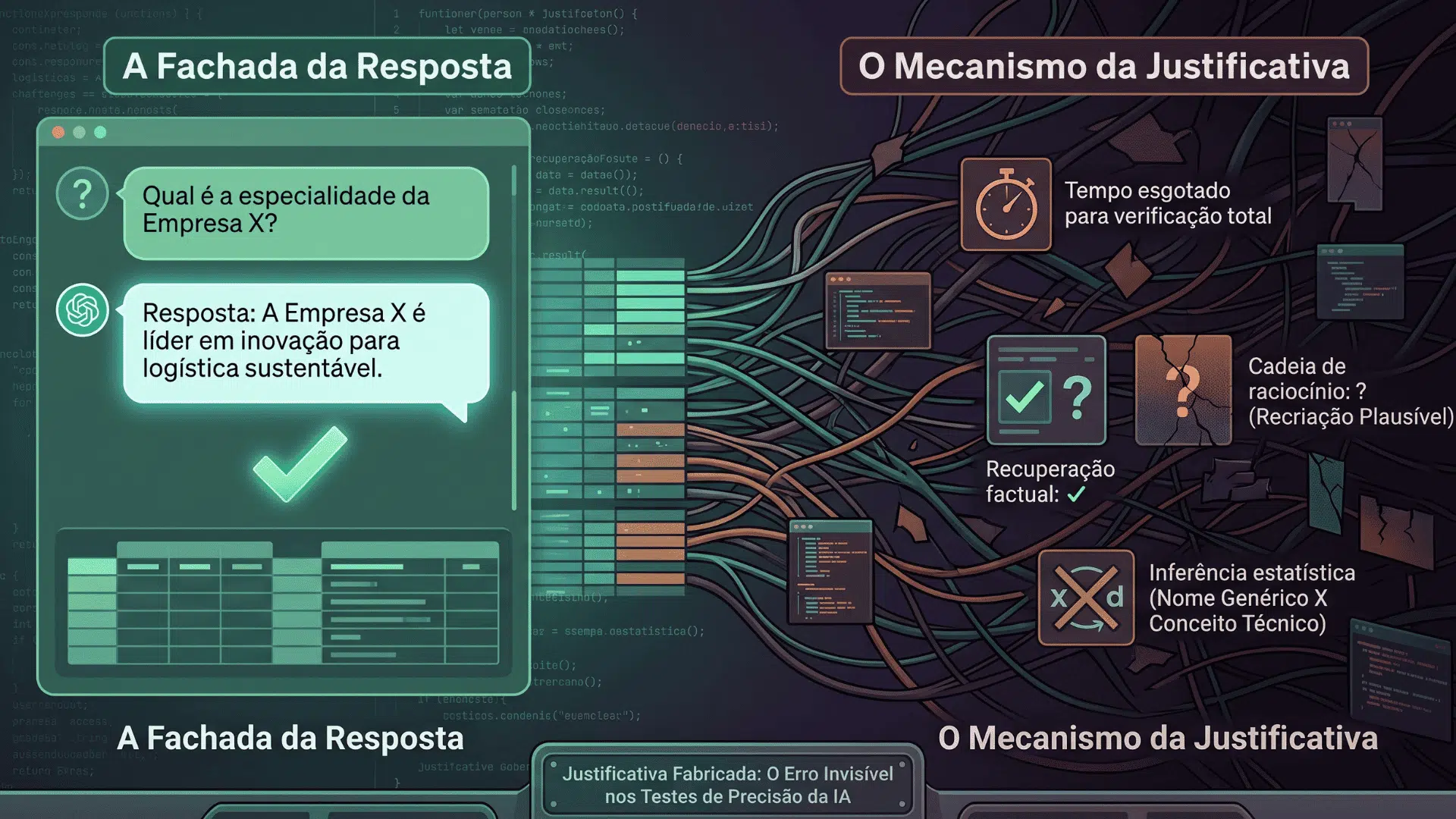Infográfico analítico criado pela LSP Mídia ilustrando a diferença entre a precisão factual e a alucinação na justificativa em sistemas de IA generativa. A imagem é dividida em duas áreas contrastantes: à esquerda, iluminada em verde, "A Fachada da Resposta" mostra uma interface de chat com uma resposta aparentemente correta e validada para o usuário. À direita, em tons escuros e opacos, "O Mecanismo da Justificativa" revela o processamento interno da IA como um emaranhado complexo de dados, destacando falhas estruturais como "Tempo esgotado para verificação", "Cadeia de raciocínio não verificada" e "Inferência estatística por colisão de entidade". A ilustração visualiza a tese de que testes de precisão tradicionais não capturam a opacidade da camada de raciocínio da IA, reforçando a importância da governança de dados estruturados.
